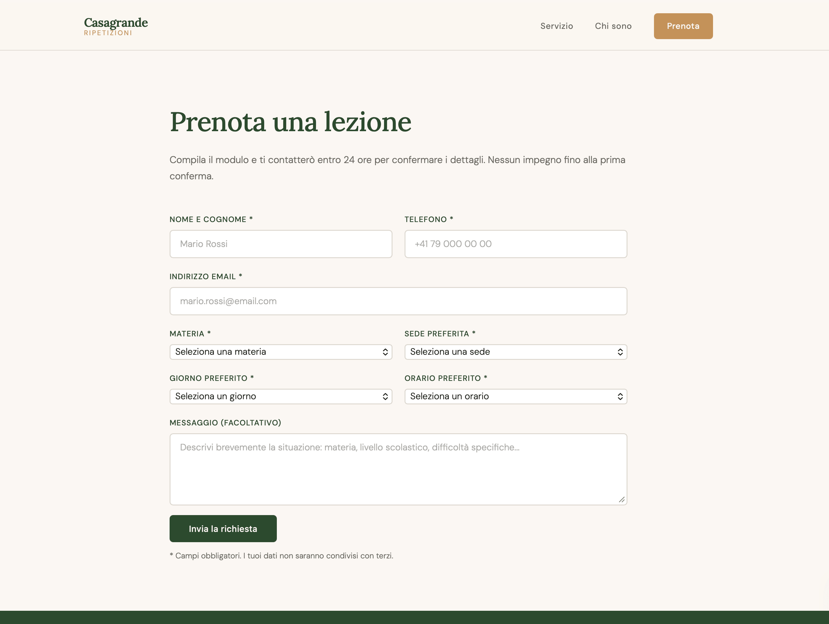 Interfaccia Form di Prenotazione