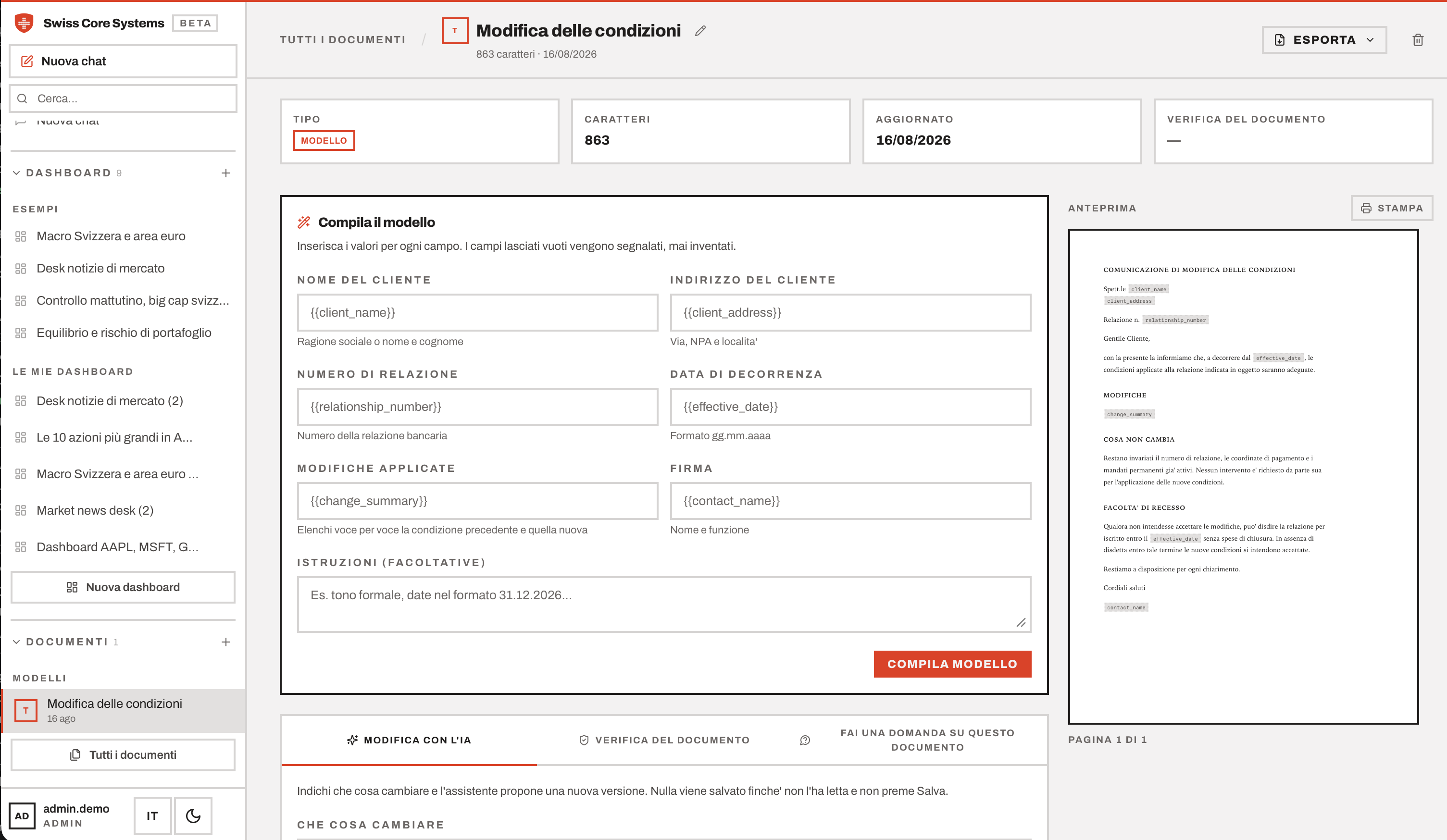 Libreria documenti con un modello di comunicazione di modifica delle condizioni: segnaposto dichiarati, form di compilazione e anteprima a foglio A4 con i segnaposto non compilati evidenziati